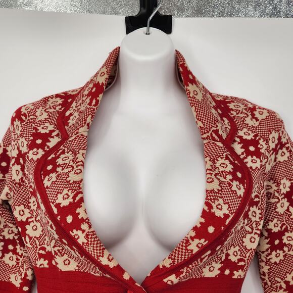 Anthropologie Moth Red Beige Cropped Floral Sweater Cardigan Women's S - Picture 7 of 8